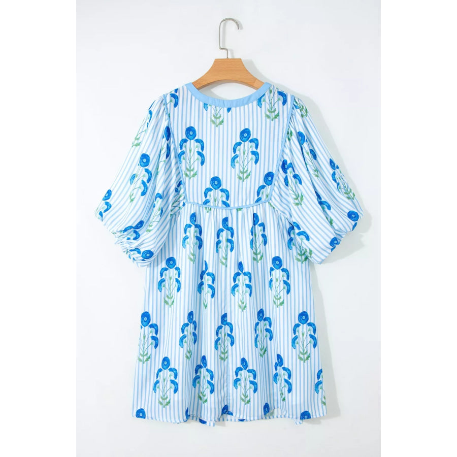Floral Striped Print Tie Notched Neck Puff Sleeve Flared Mini Dress Apparel and Accessories
