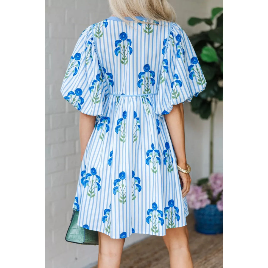 Floral Striped Print Tie Notched Neck Puff Sleeve Flared Mini Dress Apparel and Accessories