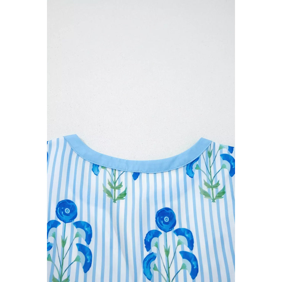Floral Striped Print Tie Notched Neck Puff Sleeve Flared Mini Dress Apparel and Accessories