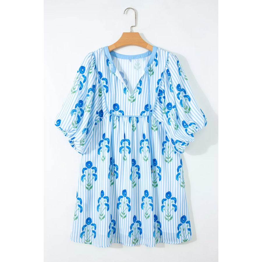 Floral Striped Print Tie Notched Neck Puff Sleeve Flared Mini Dress Apparel and Accessories