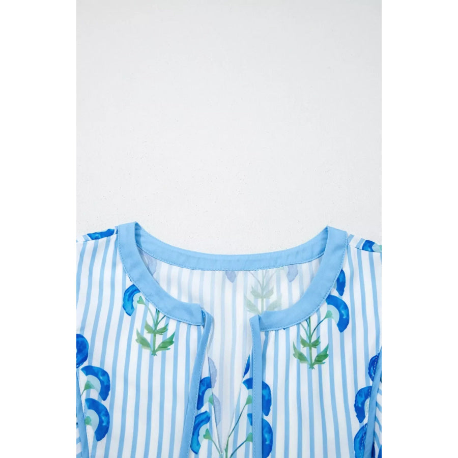 Floral Striped Print Tie Notched Neck Puff Sleeve Flared Mini Dress Apparel and Accessories