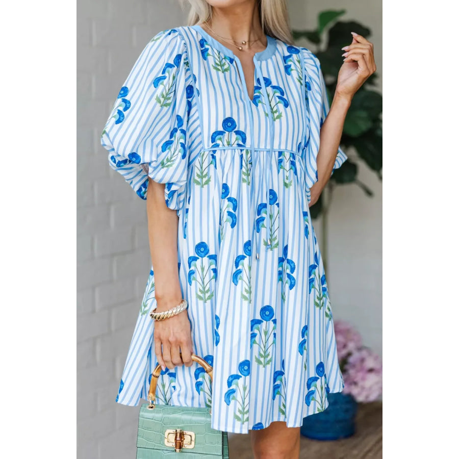 Floral Striped Print Tie Notched Neck Puff Sleeve Flared Mini Dress Light Blue / S Apparel and Accessories