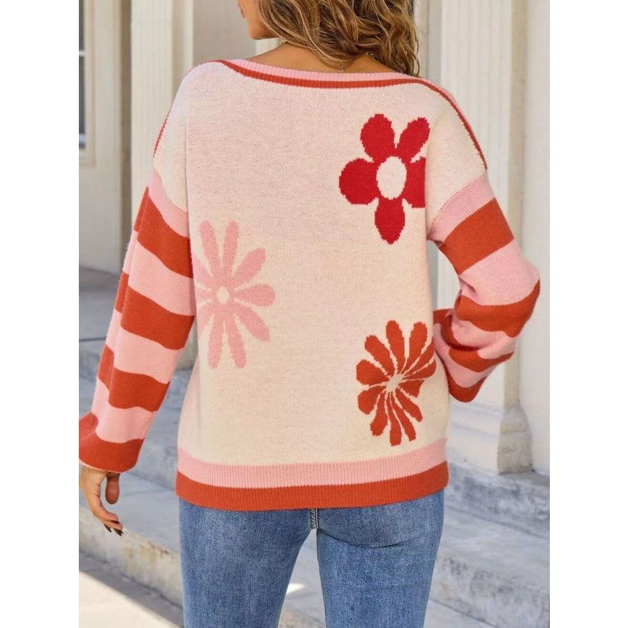 Floral Striped Sleeve Round Neck Sweater Apparel and Accessories