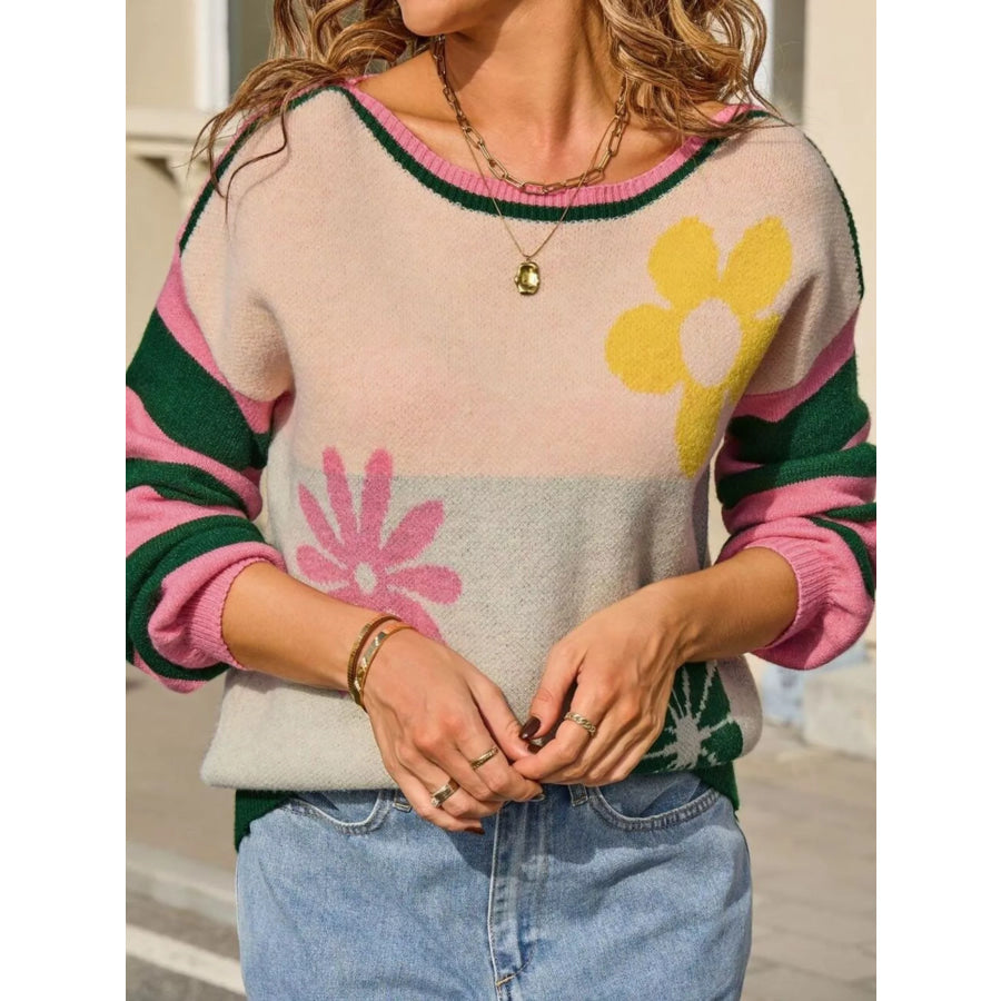 Floral Striped Sleeve Round Neck Sweater Apparel and Accessories