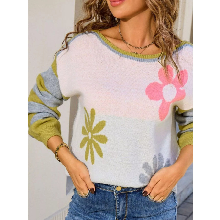 Floral Striped Sleeve Round Neck Sweater Apparel and Accessories