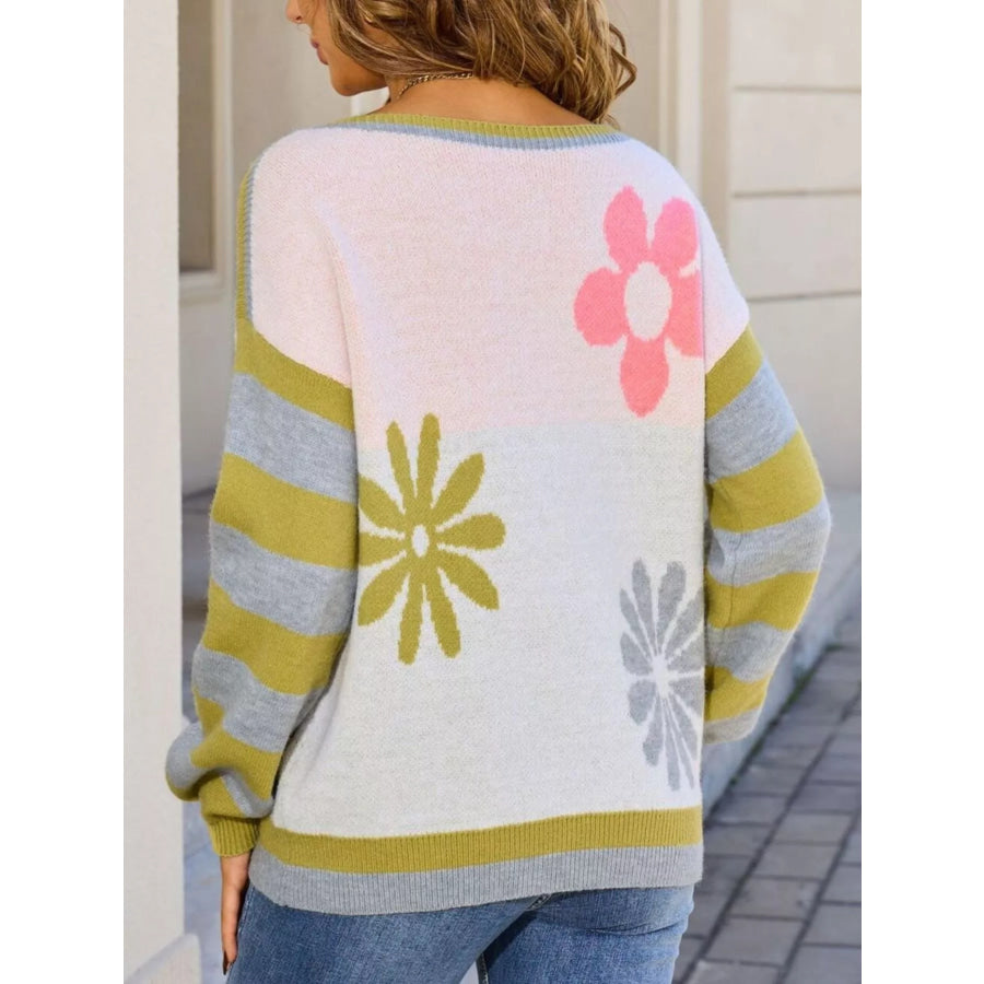 Floral Striped Sleeve Round Neck Sweater Apparel and Accessories
