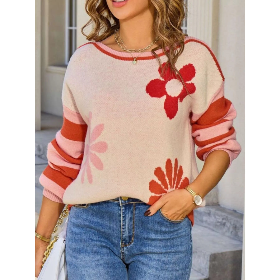 Floral Striped Sleeve Round Neck Sweater Apparel and Accessories