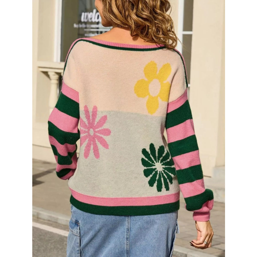 Floral Striped Sleeve Round Neck Sweater Apparel and Accessories