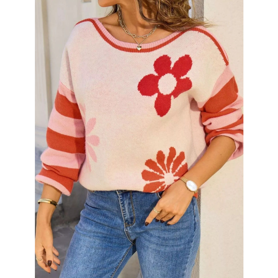 Floral Striped Sleeve Round Neck Sweater Apparel and Accessories