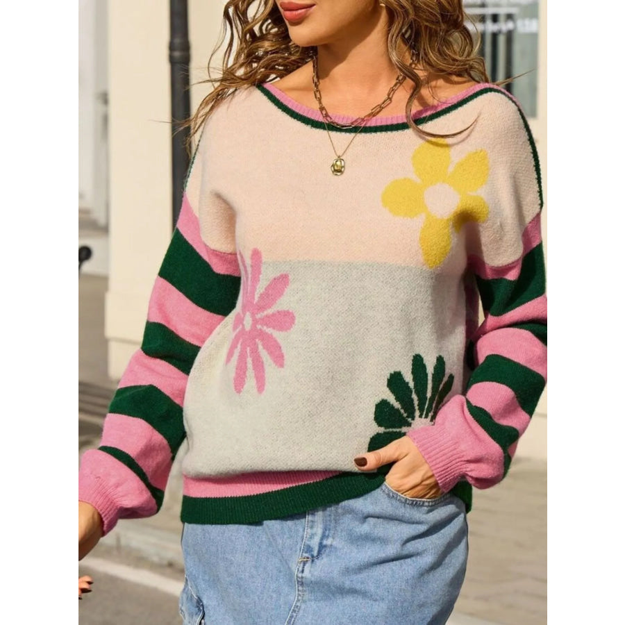 Floral Striped Sleeve Round Neck Sweater Apparel and Accessories