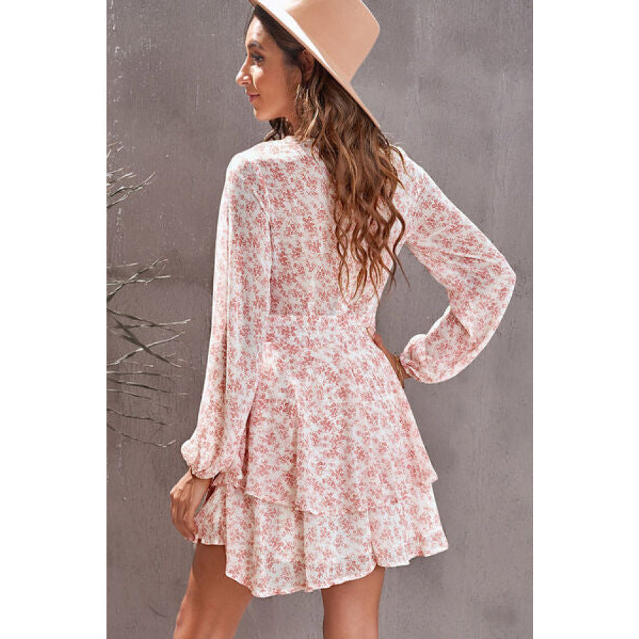 Floral Surplice Balloon Sleeve Layered Dress Apparel and Accessories