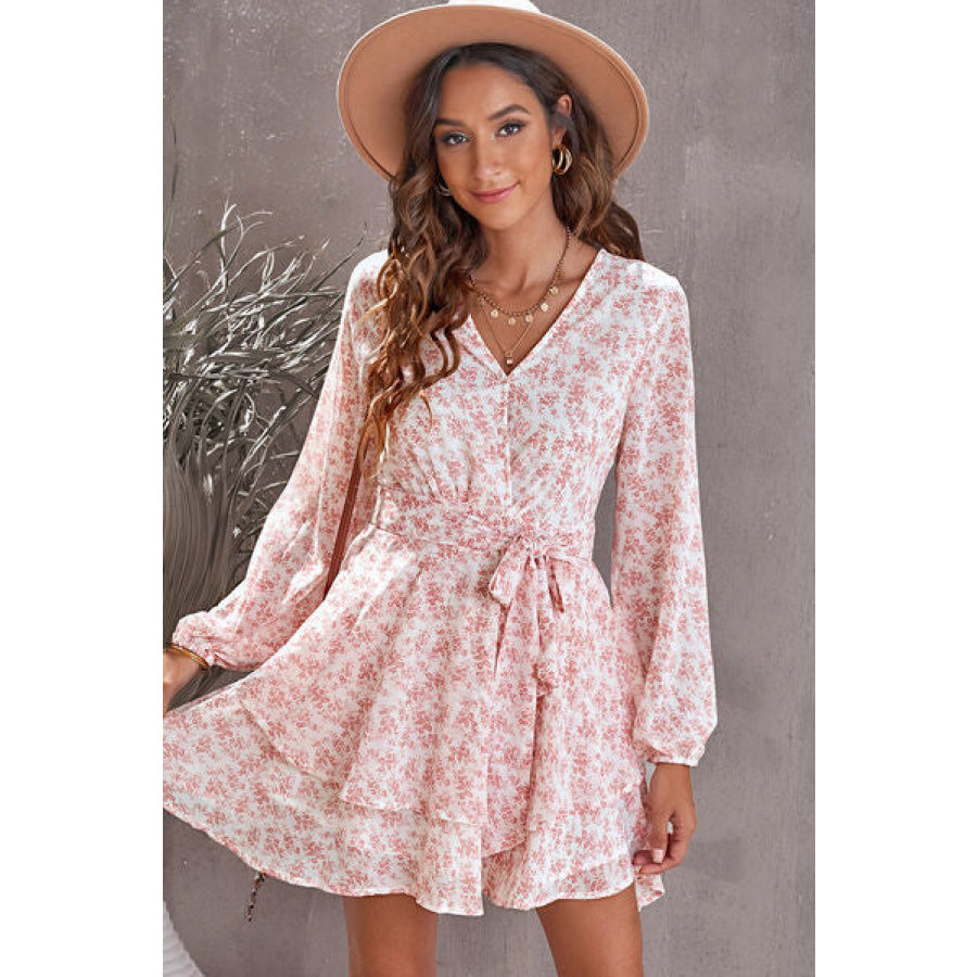 Floral Surplice Balloon Sleeve Layered Dress Apparel and Accessories