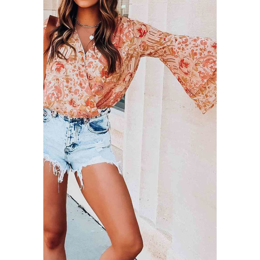 Floral Surplice Flare Sleeve Bodysuit