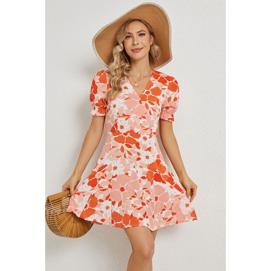 Floral Surplice Neck Flounce Sleeve Dress