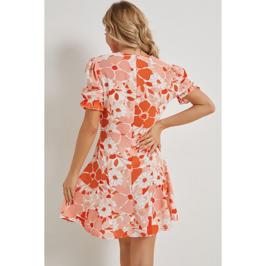 Floral Surplice Neck Flounce Sleeve Dress