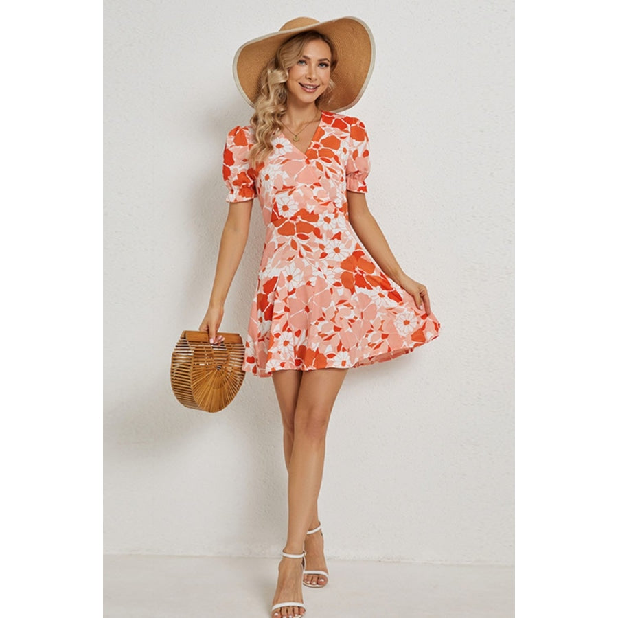 Floral Surplice Neck Flounce Sleeve Dress