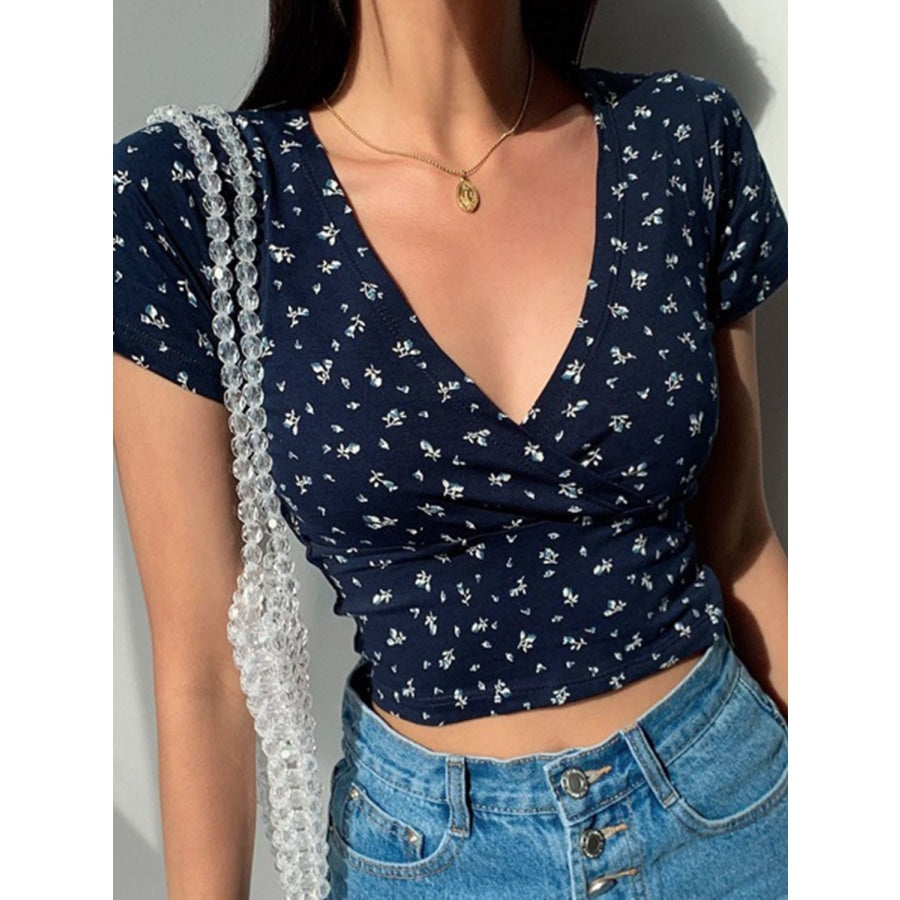 Floral Surplice Neck Short Sleeve Top Navy / M