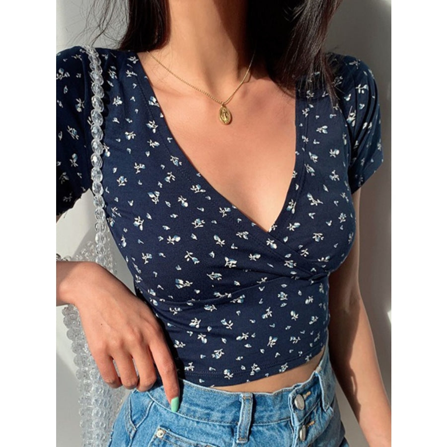 Floral Surplice Neck Short Sleeve Top