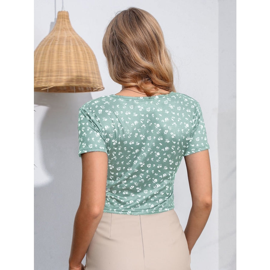 Floral Surplice Neck Short Sleeve Top Light Green / M