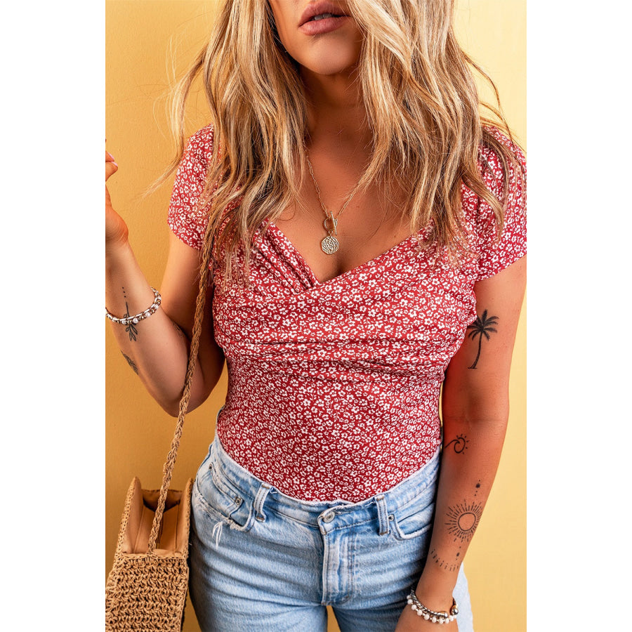 Floral Surplice Short Sleeve Bodysuit Apparel and Accessories