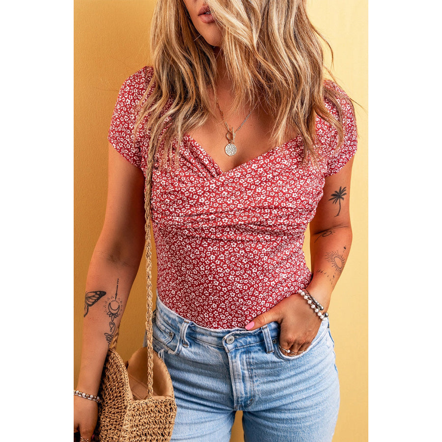 Floral Surplice Short Sleeve Bodysuit Brick Red / S Apparel and Accessories
