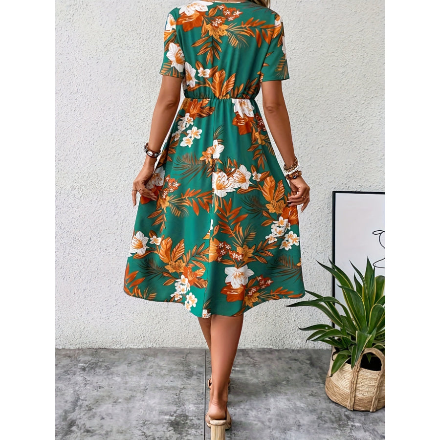 Floral Surplice Short Sleeve Dress Teal / S Apparel and Accessories