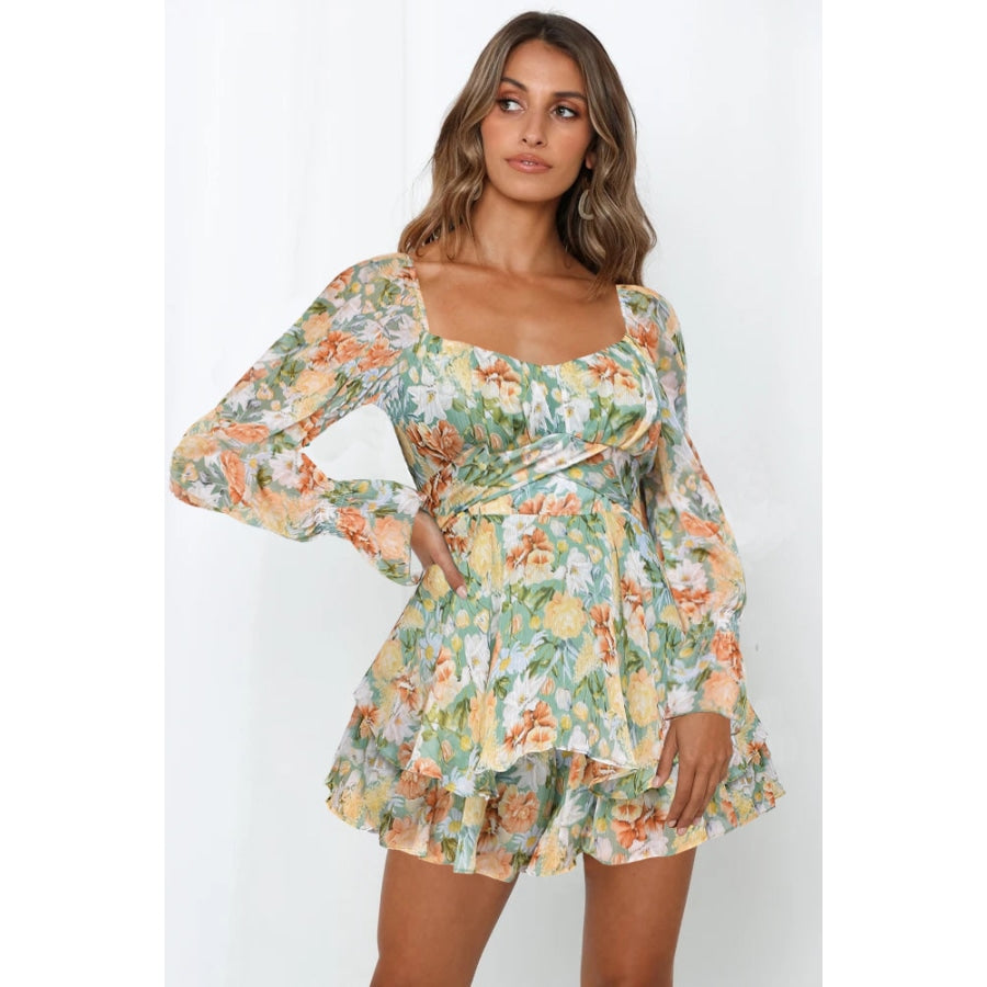 Floral Sweetheart Neck Flounce Sleeve Romper Mist Green / S