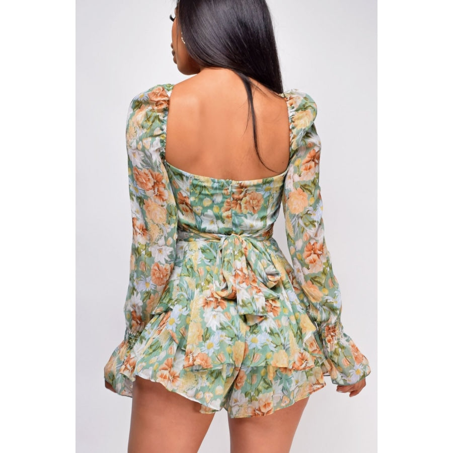 Floral Sweetheart Neck Flounce Sleeve Romper