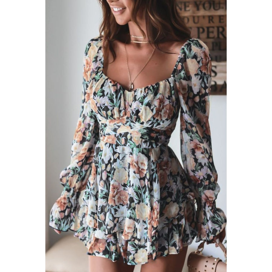 Floral Sweetheart Neck Flounce Sleeve Romper