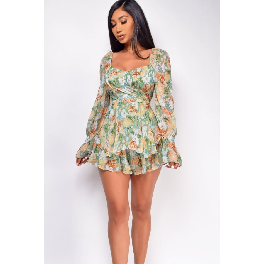 Floral Sweetheart Neck Flounce Sleeve Romper