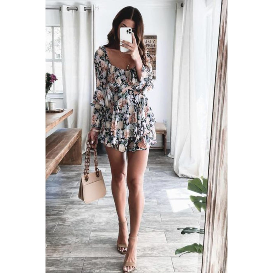 Floral Sweetheart Neck Flounce Sleeve Romper