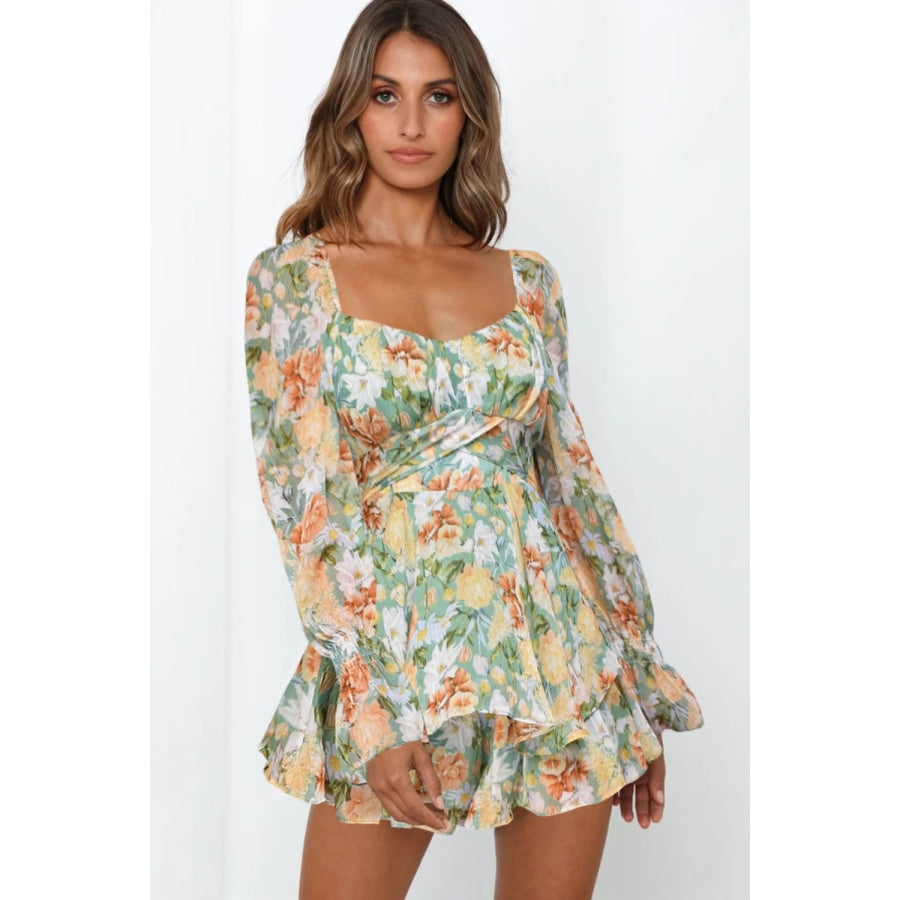 Floral Sweetheart Neck Flounce Sleeve Romper