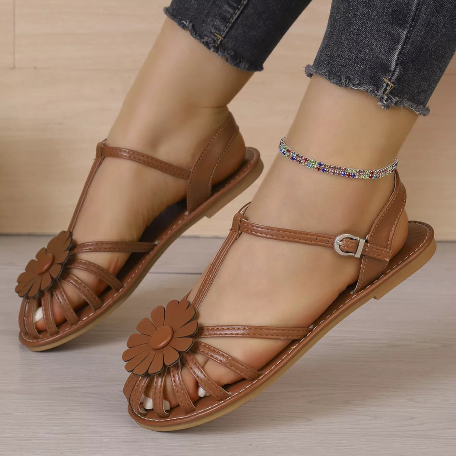 Floral T-Strap Flat Sandals with Adjustable Buckle Brown / 36 Apparel and Accessories