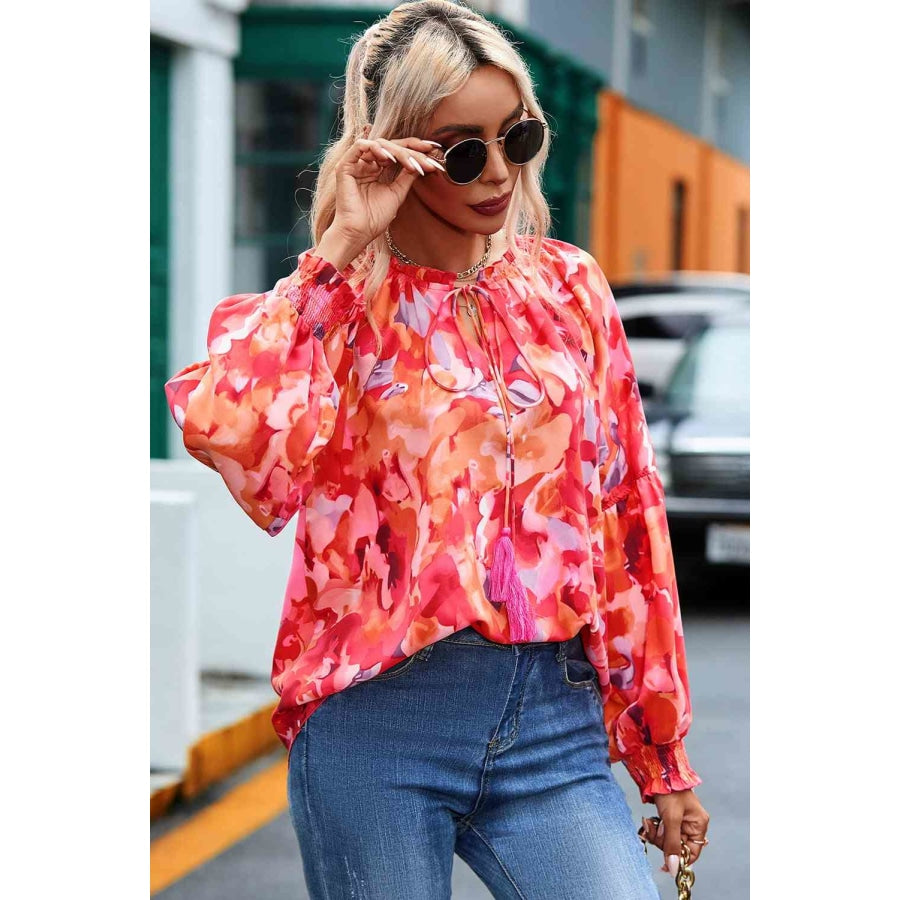 Floral Tassel Tie Long Sleeve Blouse