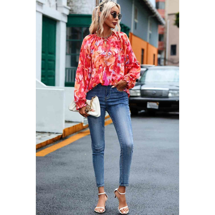 Floral Tassel Tie Long Sleeve Blouse