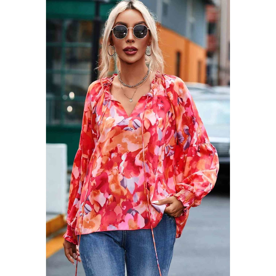 Floral Tassel Tie Long Sleeve Blouse