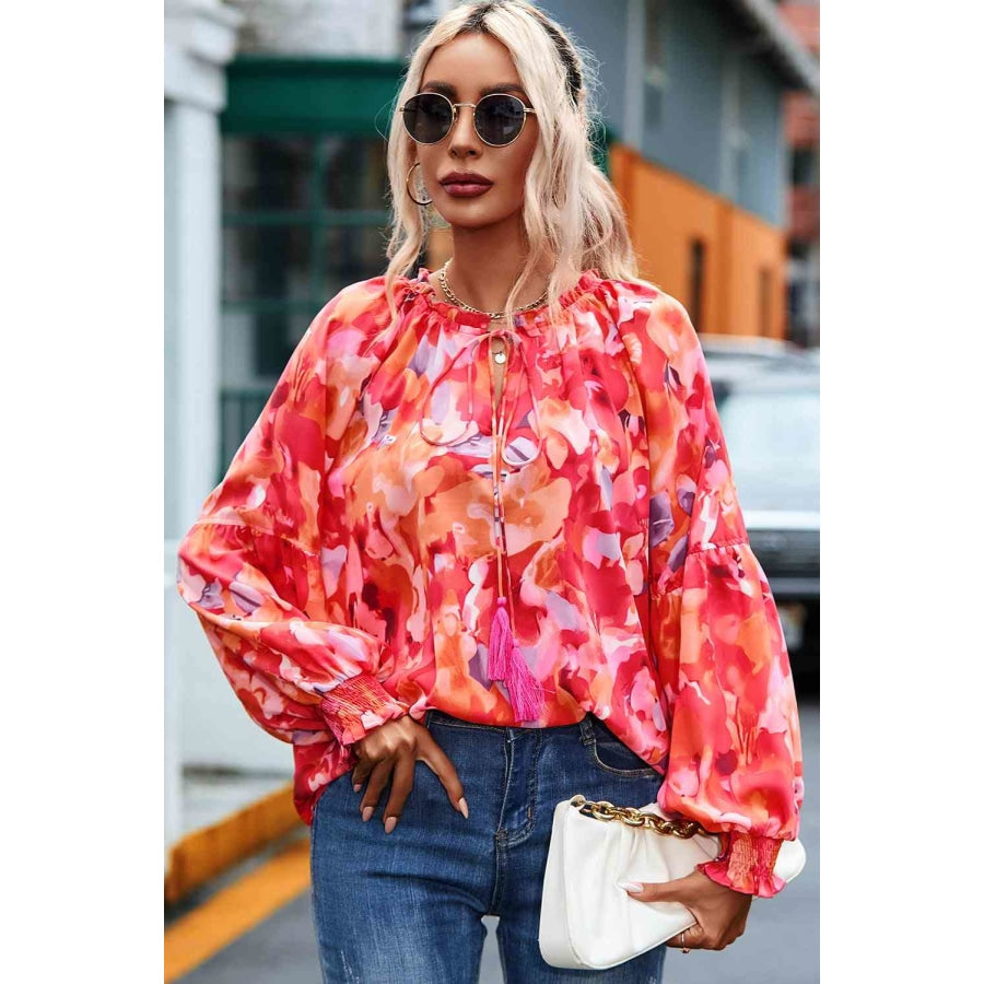 Floral Tassel Tie Long Sleeve Blouse