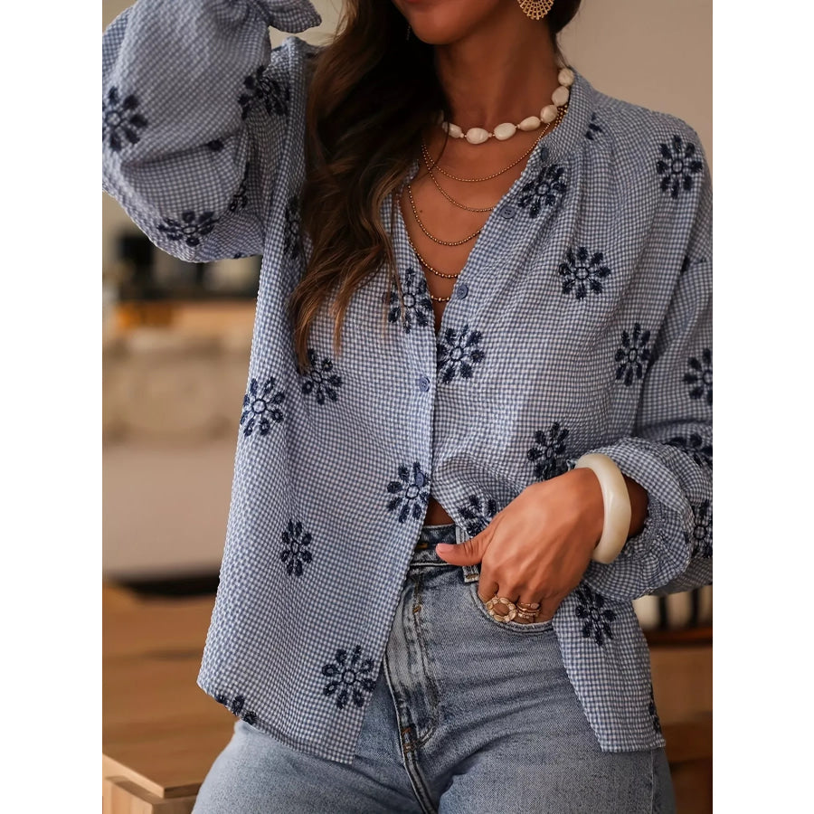 Floral Textured Button Up Shirt Blue / S Apparel and Accessories