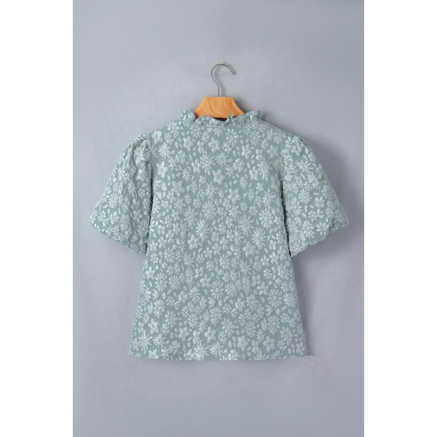Floral Textured Jacquard Puff Sleeve Blouse Apparel and Accessories
