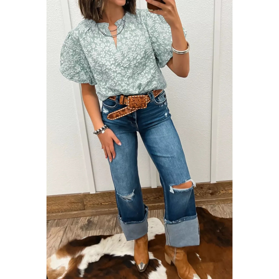Floral Textured Jacquard Puff Sleeve Blouse Apparel and Accessories