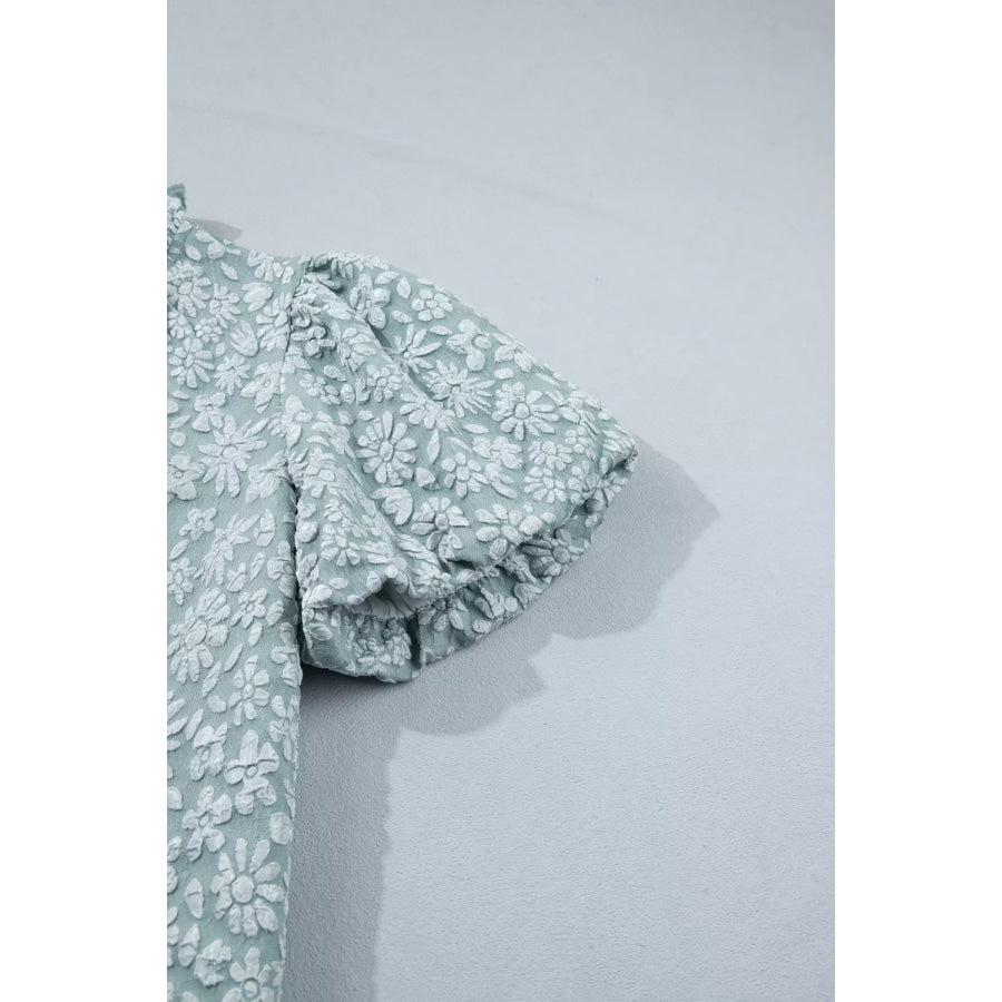 Floral Textured Jacquard Puff Sleeve Blouse Apparel and Accessories