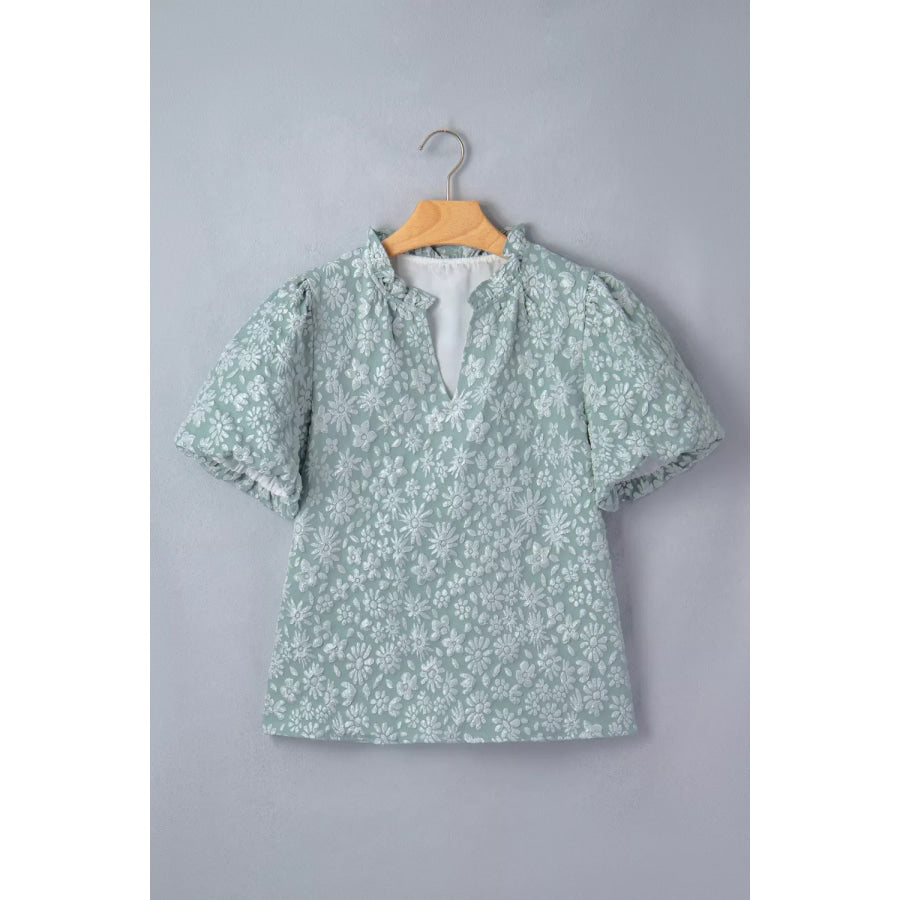 Floral Textured Jacquard Puff Sleeve Blouse Apparel and Accessories