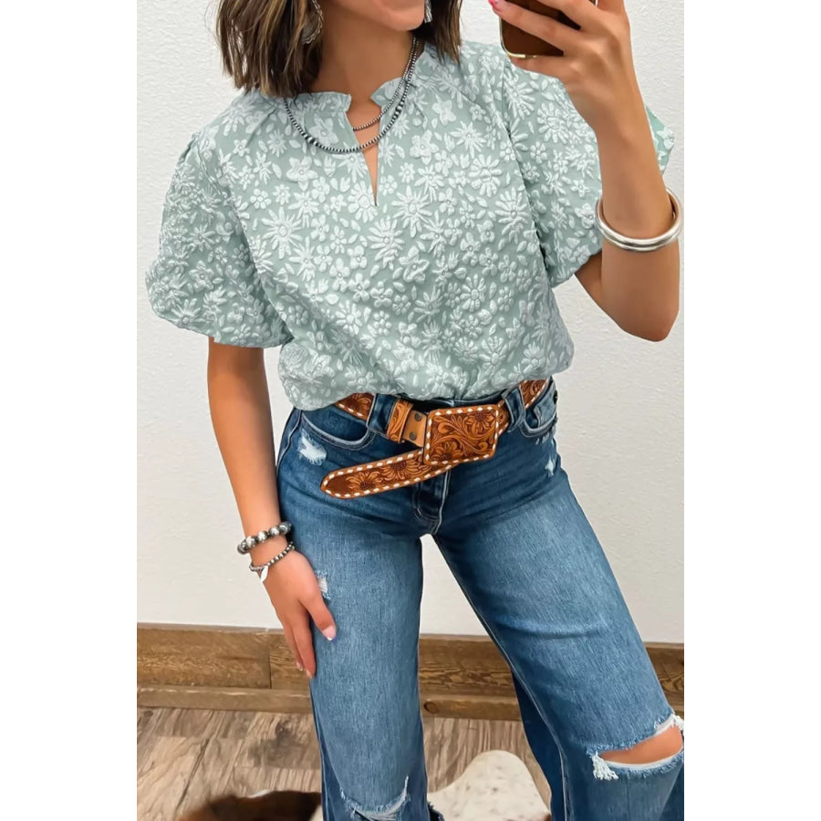 Floral Textured Jacquard Puff Sleeve Blouse Sage / S Apparel and Accessories