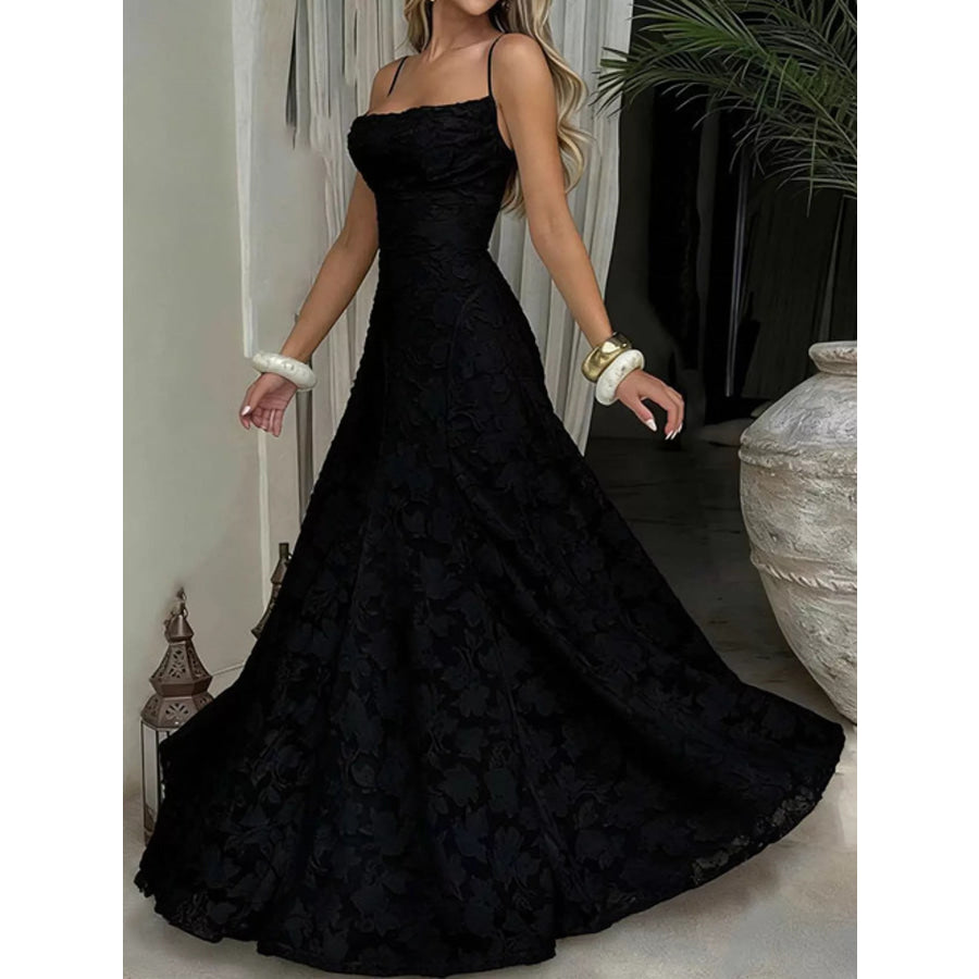 Floral Textured Spaghetti Strap Maxi Dress Black / XS Apparel and Accessories