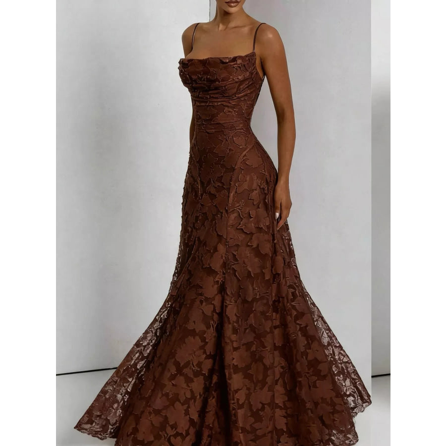 Floral Textured Spaghetti Strap Maxi Dress Brown / XS Apparel and Accessories