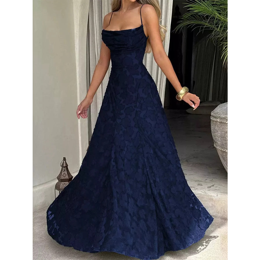 Floral Textured Spaghetti Strap Maxi Dress Navy Blue / XS Apparel and Accessories