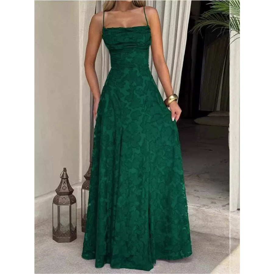 Floral Textured Spaghetti Strap Maxi Dress Olive Green / XS Apparel and Accessories