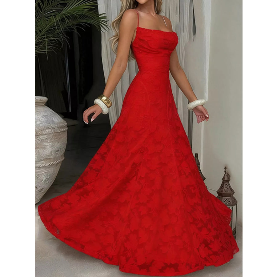 Floral Textured Spaghetti Strap Maxi Dress Red / XS Apparel and Accessories