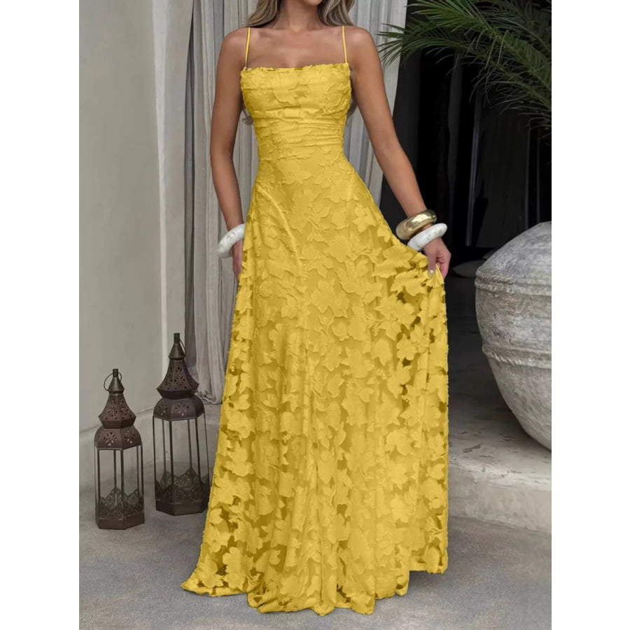 Floral Textured Spaghetti Strap Maxi Dress Yellow / XS Apparel and Accessories