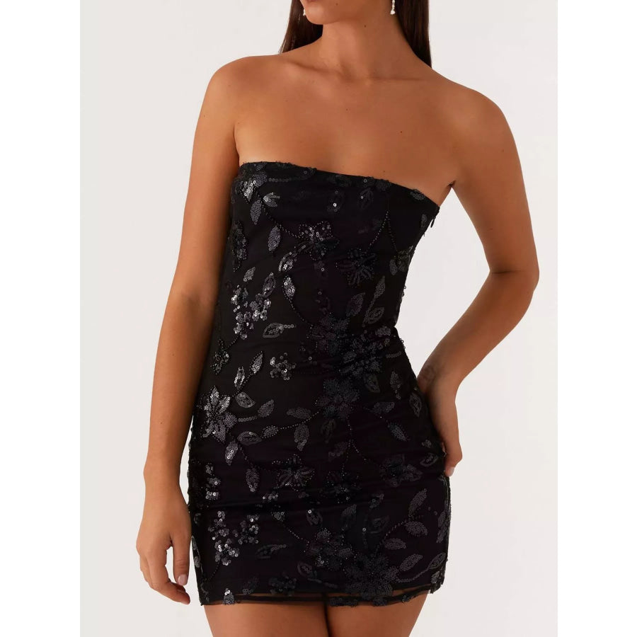 Floral Textured Strapless Mini Dress Black / S Apparel and Accessories